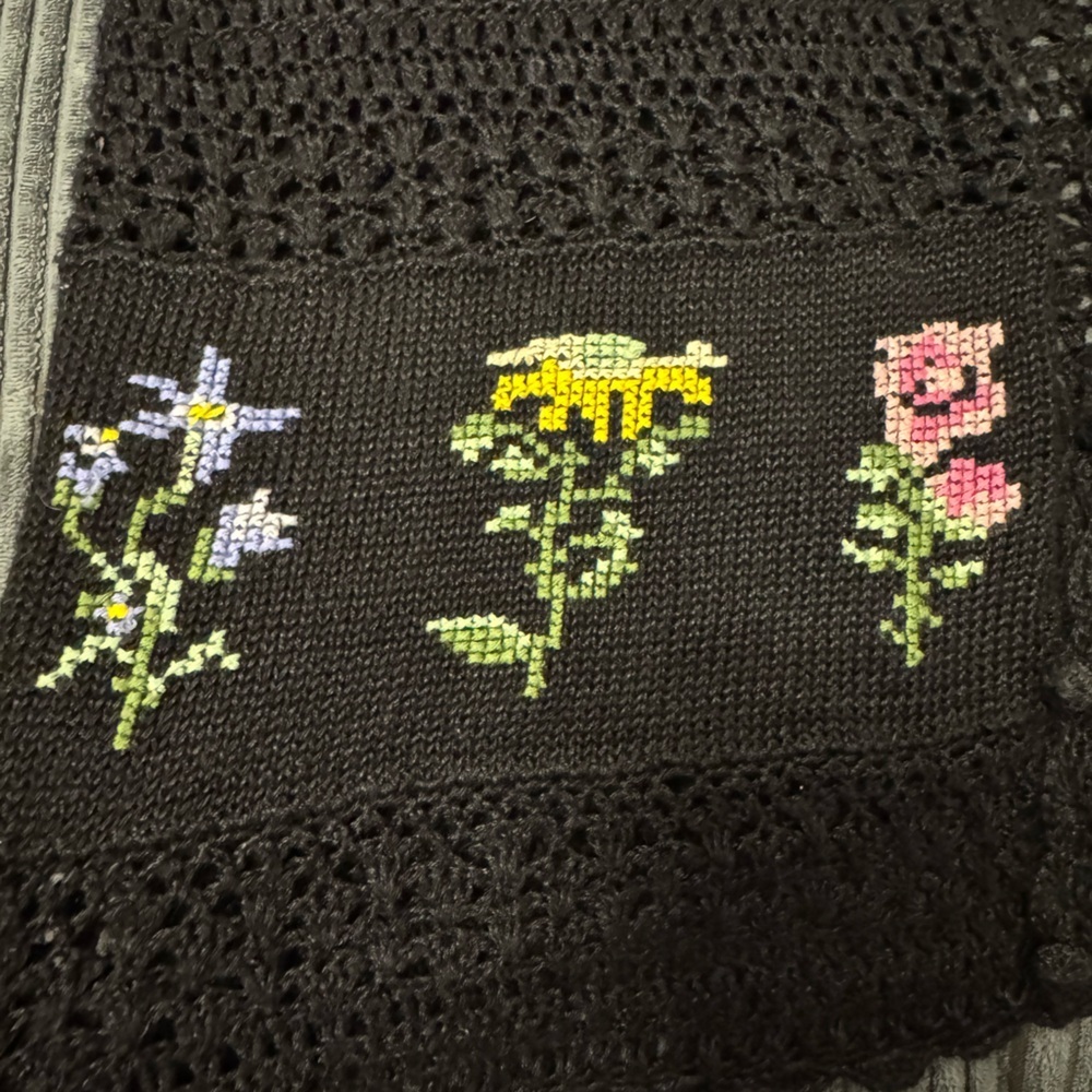 Vintage Teddi Black Crochet Cardigan with Multicolor Floral Cross-stitch, XL - Picture 4 of 6
